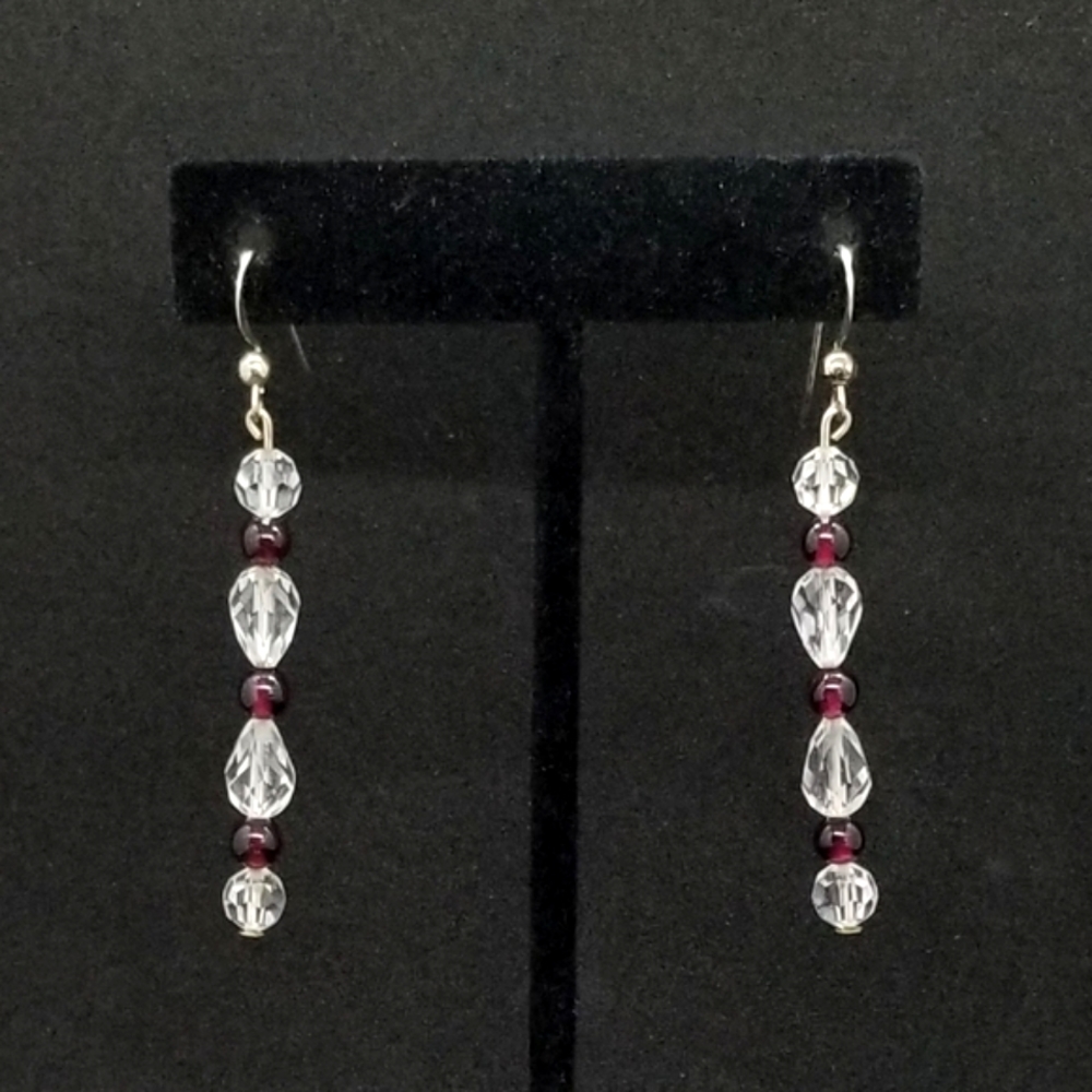 Silver crystal & garnet long earrings